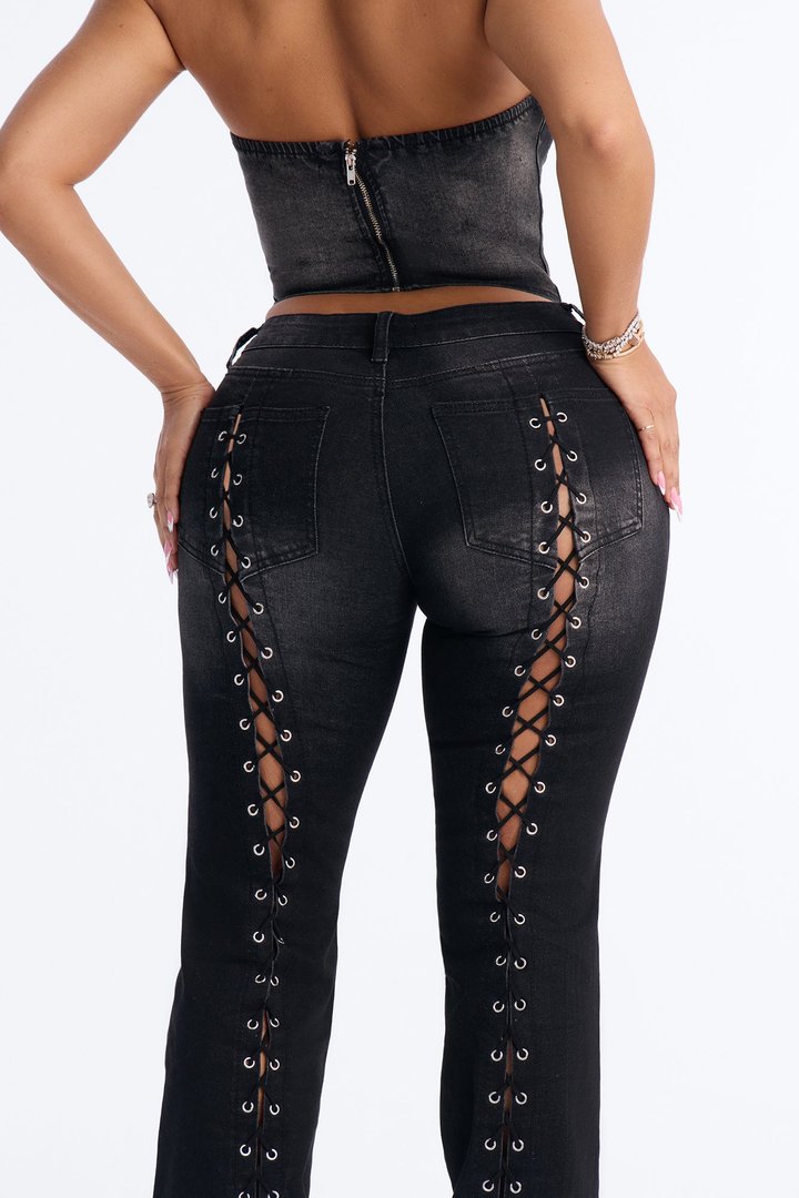 Laced In Luck Denim Pant Set - Black Wash