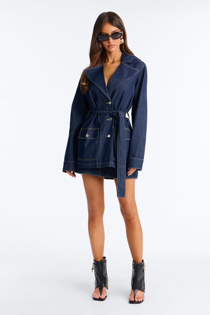 For The Best Belted Denim Skirt Set - Dark Denim