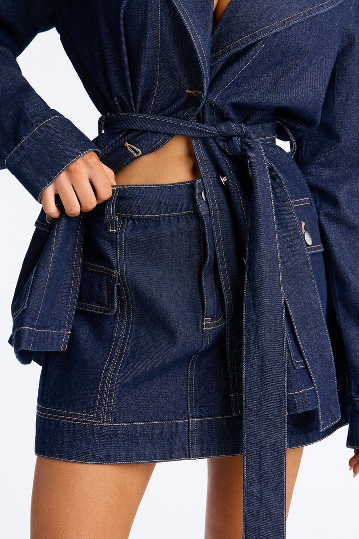 For The Best Belted Denim Skirt Set - Dark Denim