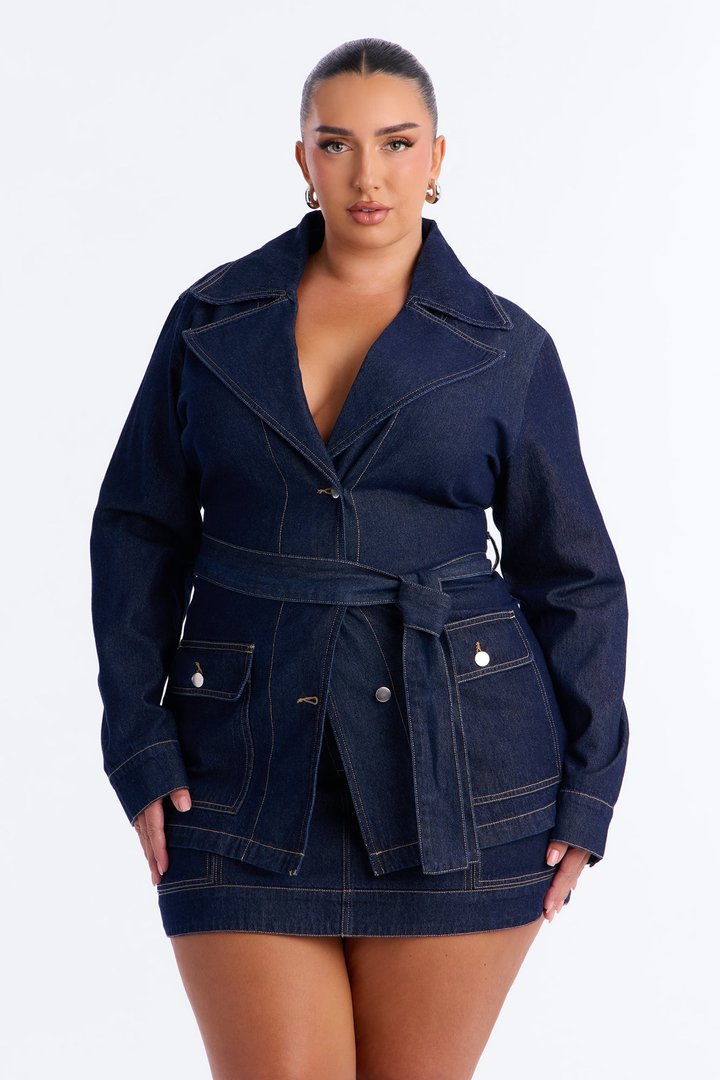 For The Best Belted Denim Skirt Set - Dark Denim