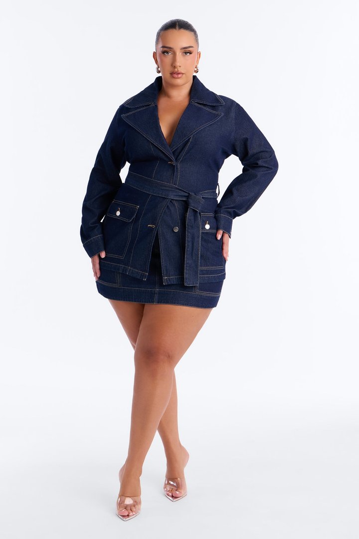 For The Best Belted Denim Skirt Set - Dark Denim