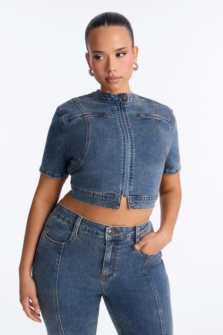 Downtown Days Short Sleeve Denim Pant Set - Medium Wash