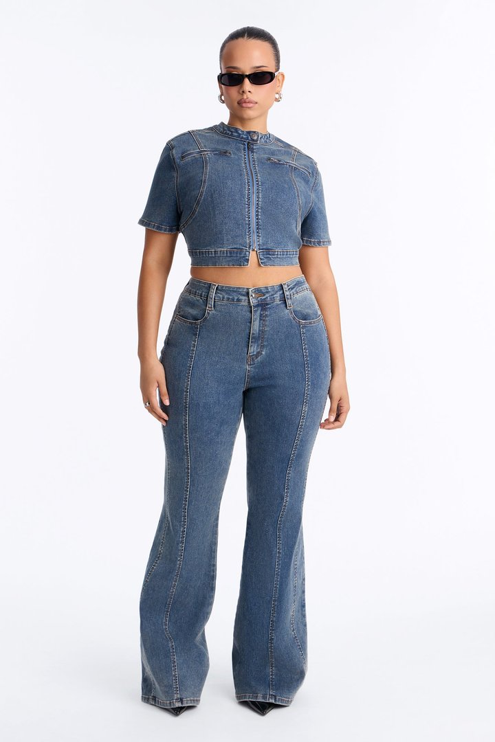 Downtown Days Short Sleeve Denim Pant Set - Medium Wash