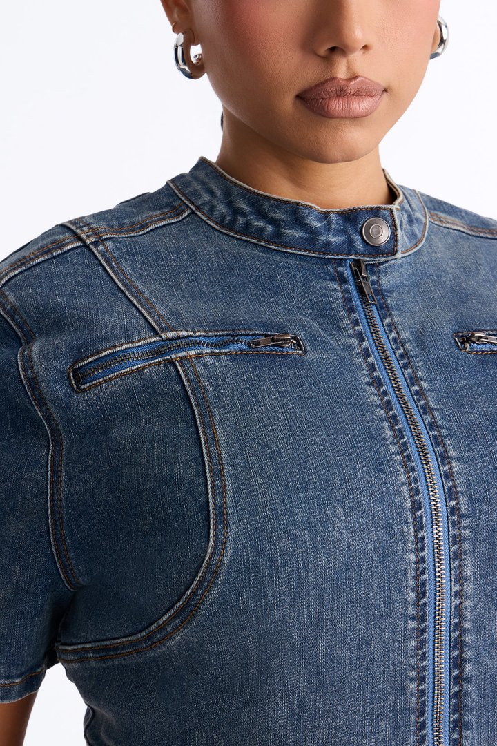 Downtown Days Short Sleeve Denim Pant Set - Medium Wash