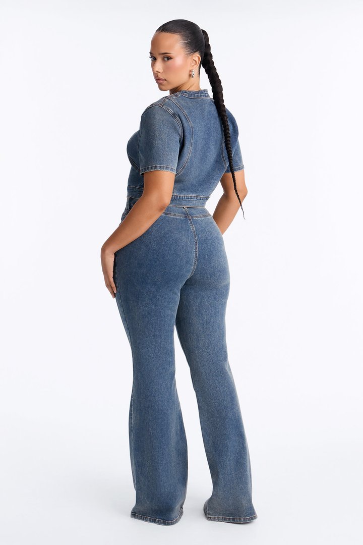 Downtown Days Short Sleeve Denim Pant Set - Medium Wash