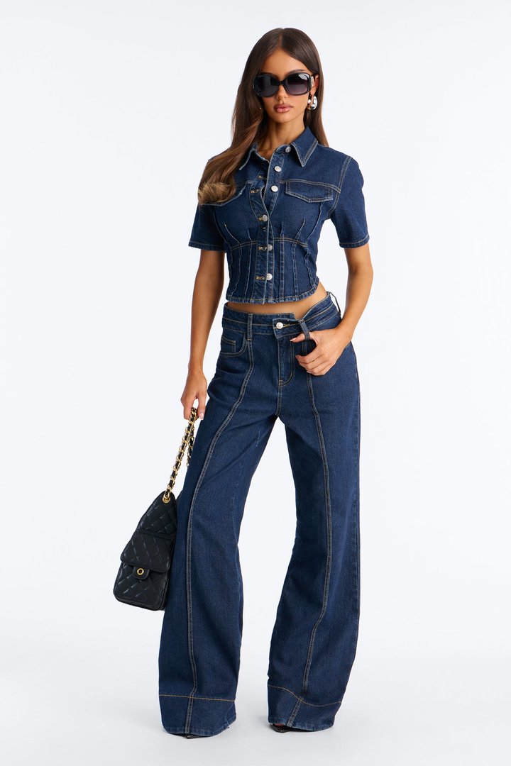 Lorie Denim Short Sleeve Flare Pant Set - DarkWash