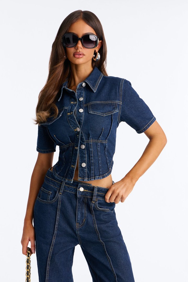 Lorie Denim Short Sleeve Flare Pant Set - DarkWash