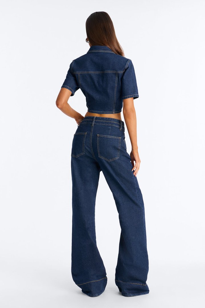 Lorie Denim Short Sleeve Flare Pant Set - DarkWash