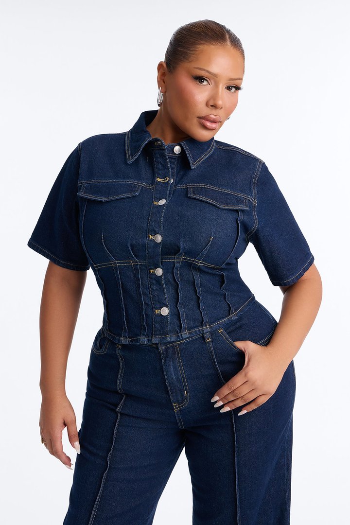 Lorie Denim Short Sleeve Flare Pant Set - DarkWash