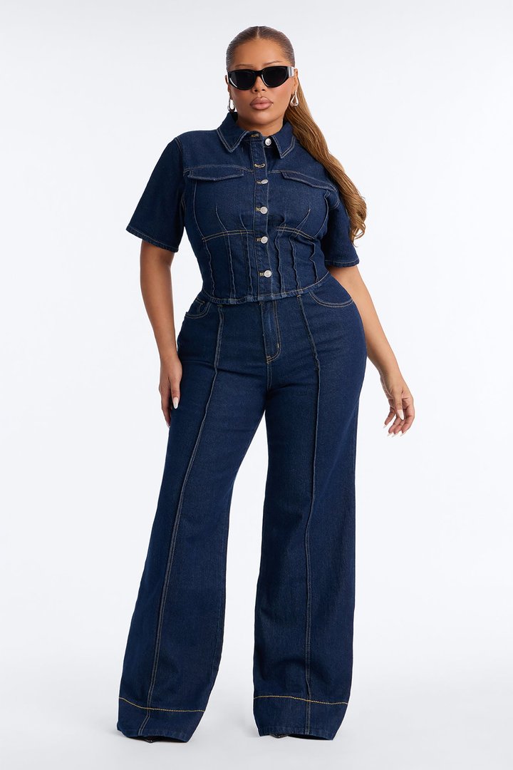 Lorie Denim Short Sleeve Flare Pant Set - DarkWash