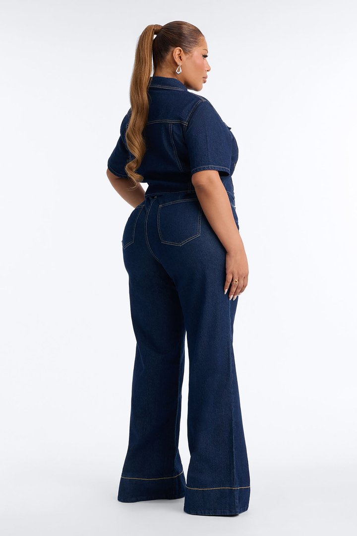 Lorie Denim Short Sleeve Flare Pant Set - DarkWash