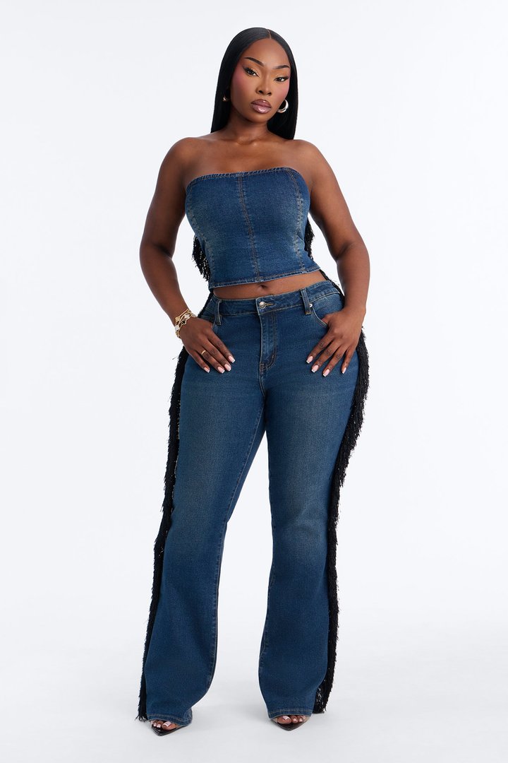 Denim Drama Fringe Pant Set - Dark Wash