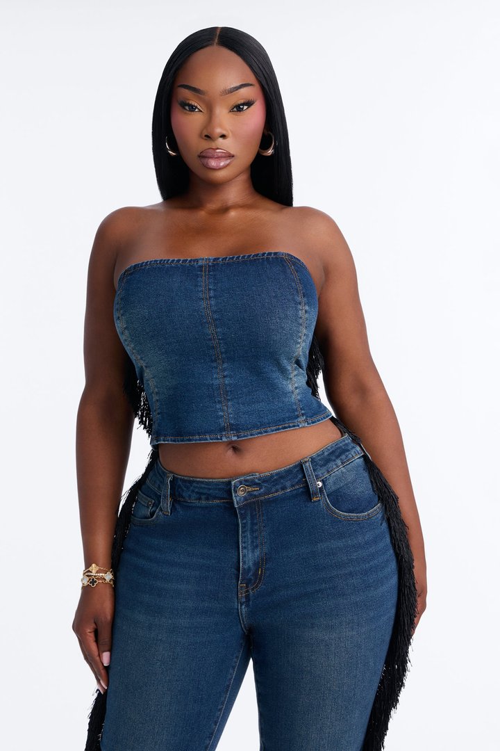 Denim Drama Fringe Pant Set - Dark Wash