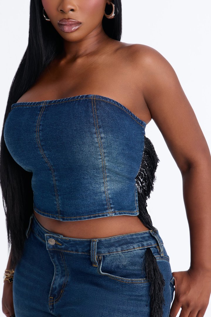 Denim Drama Fringe Pant Set - Dark Wash
