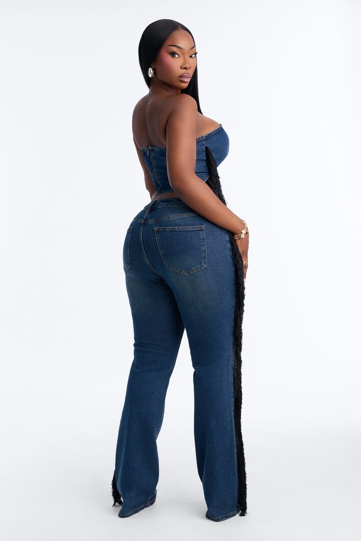 Denim Drama Fringe Pant Set - Dark Wash