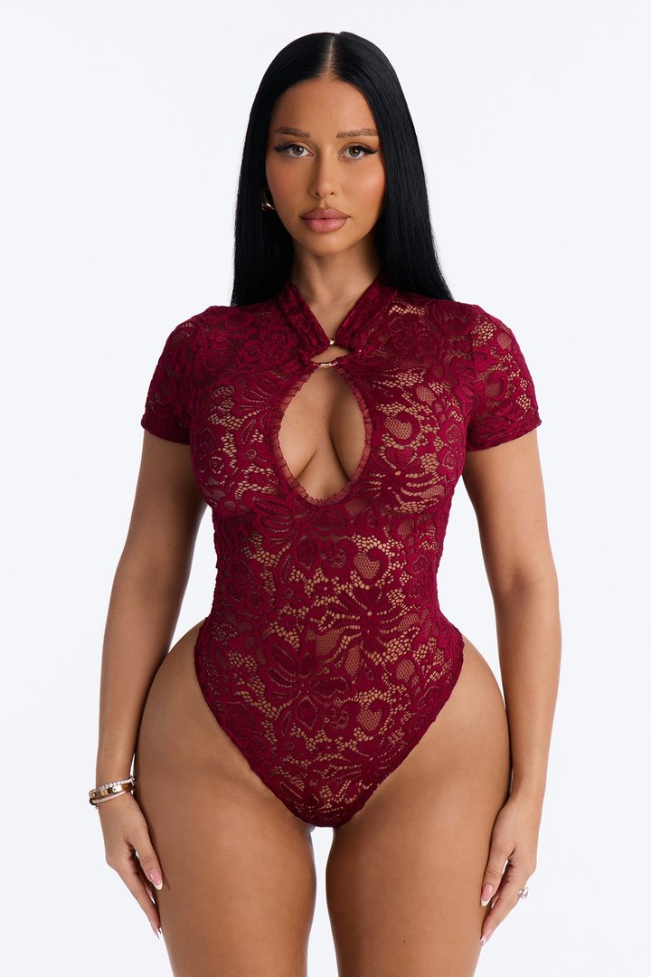 Love Bomb Short Sleeve Lace Bodysuit - Burgundy