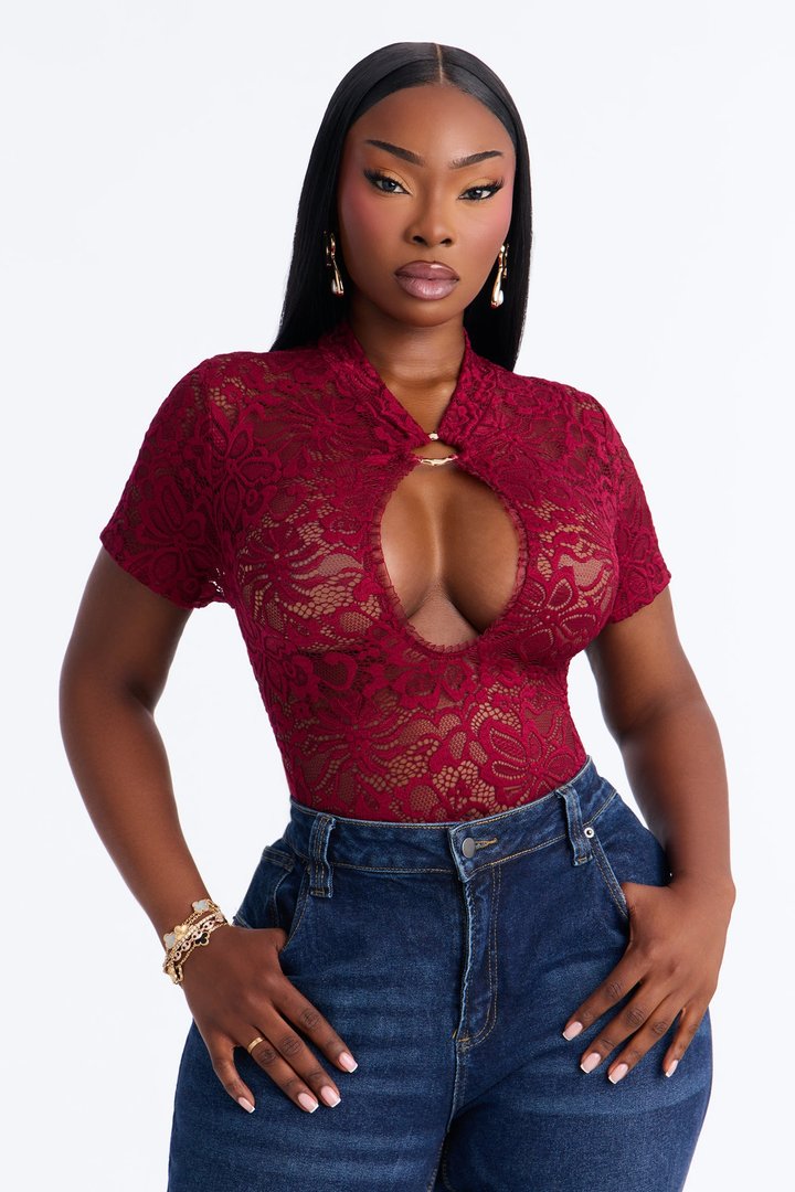 Love Bomb Short Sleeve Lace Bodysuit - Burgundy