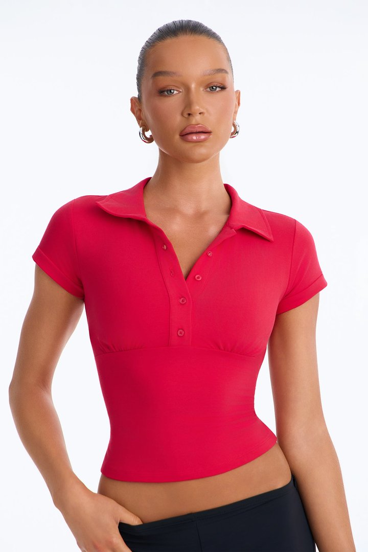 Parker Cinched Waist Short Sleeve Collared Top - Red