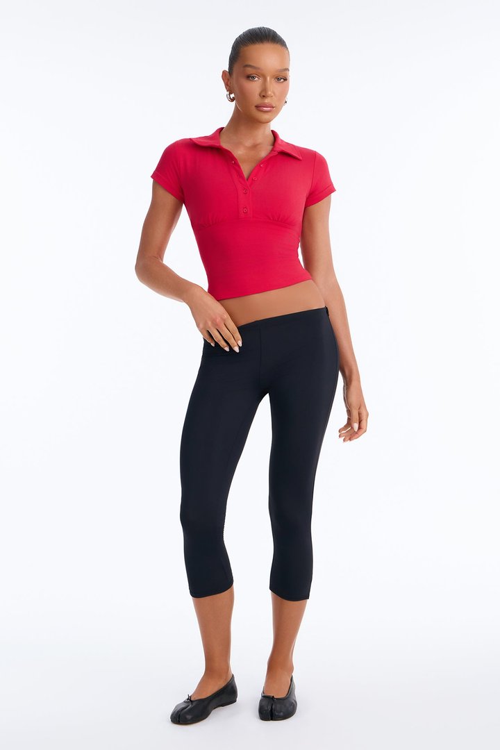 Parker Cinched Waist Short Sleeve Collared Top - Red