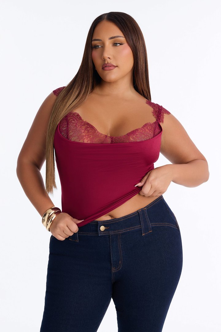 Janet Lace Trim Cowl Tank Top - Burgundy