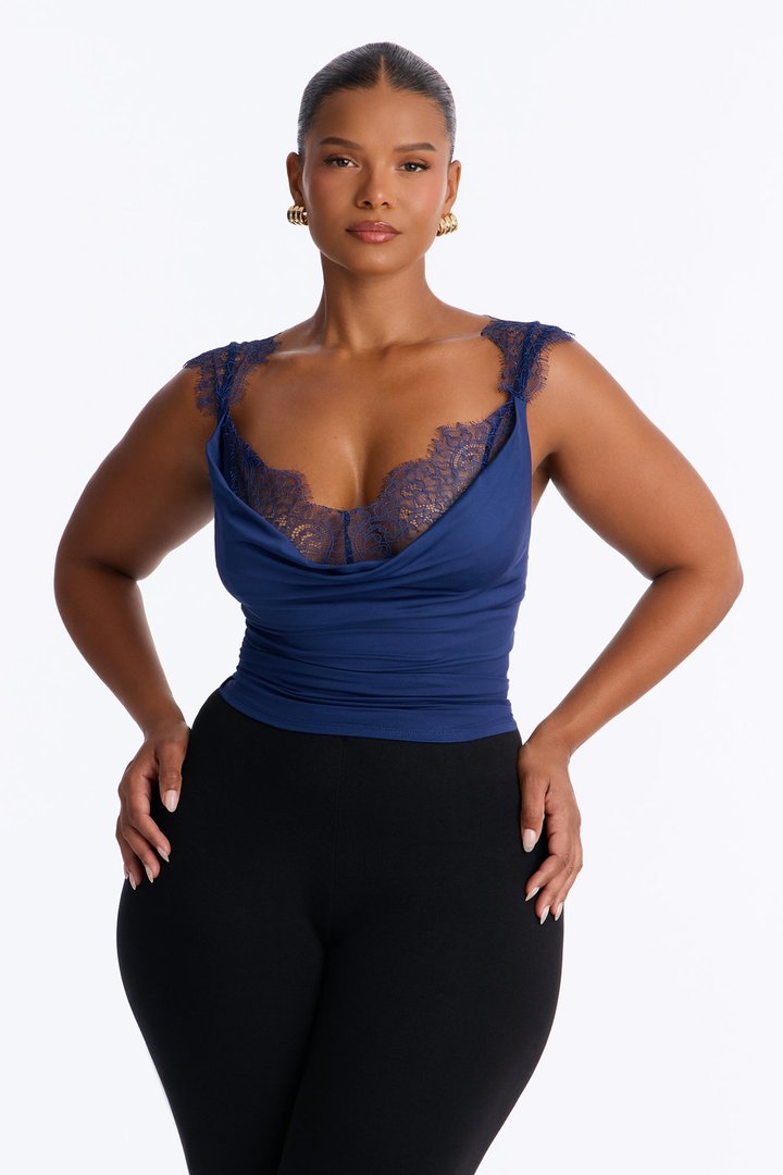 Janet Lace Trim Cowl Tank Top - Navy