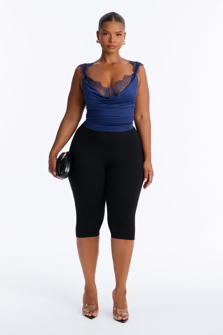 Janet Lace Trim Cowl Tank Top - Navy
