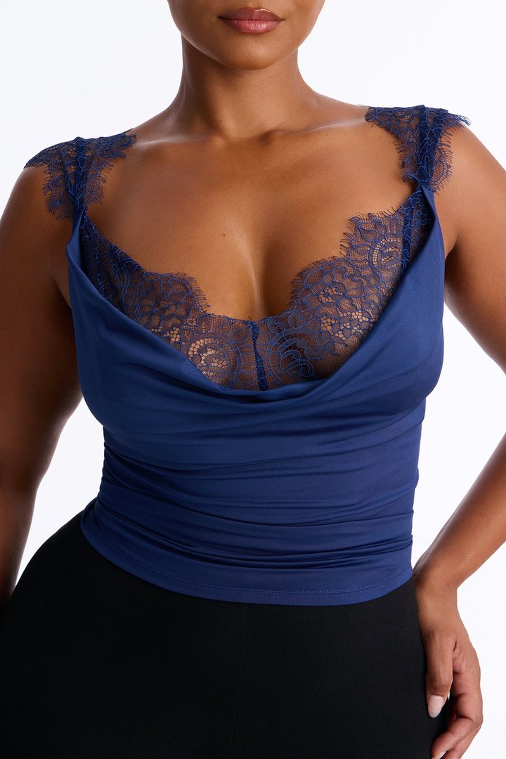 Janet Lace Trim Cowl Tank Top - Navy