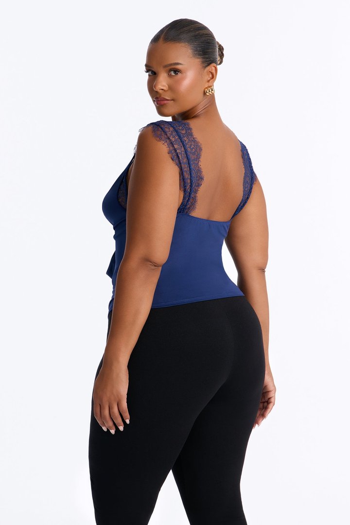 Janet Lace Trim Cowl Tank Top - Navy