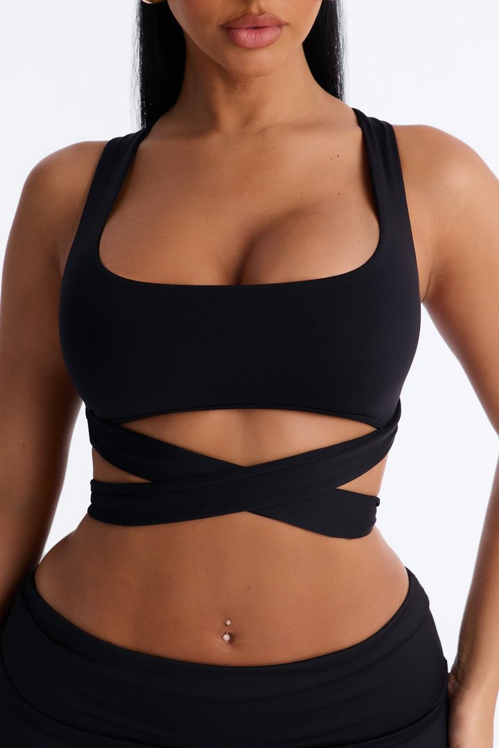 Seamless Smooth Double Lined Tie Waist Bra Top - Black