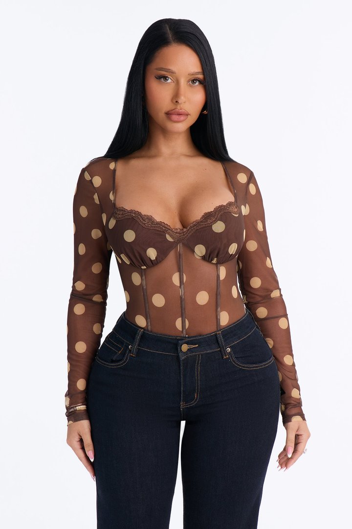 Polka Dot Fantasy Mesh Bodysuit - Brown/combo