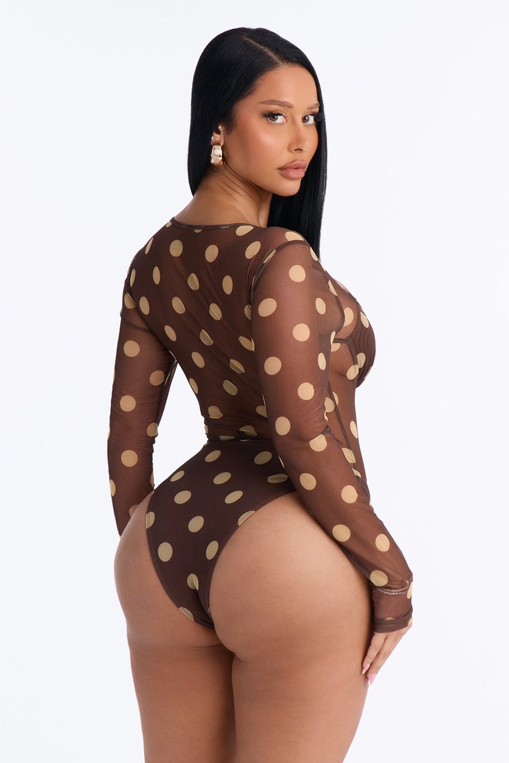 Polka Dot Fantasy Mesh Bodysuit - Brown/combo