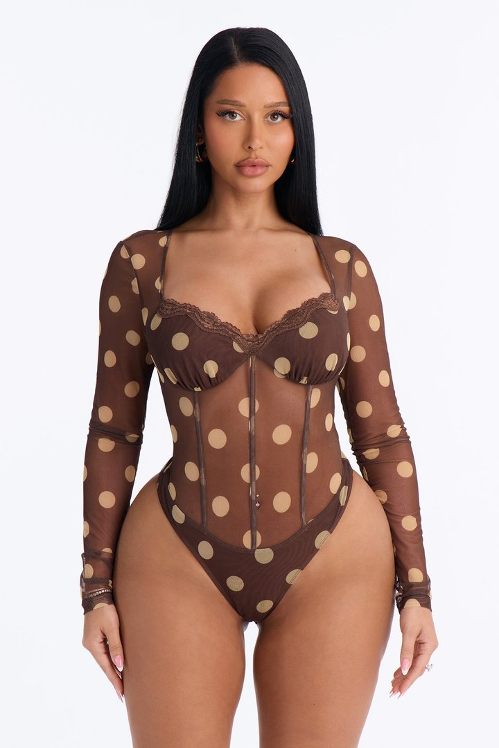 Polka Dot Fantasy Mesh Bodysuit - Brown/combo