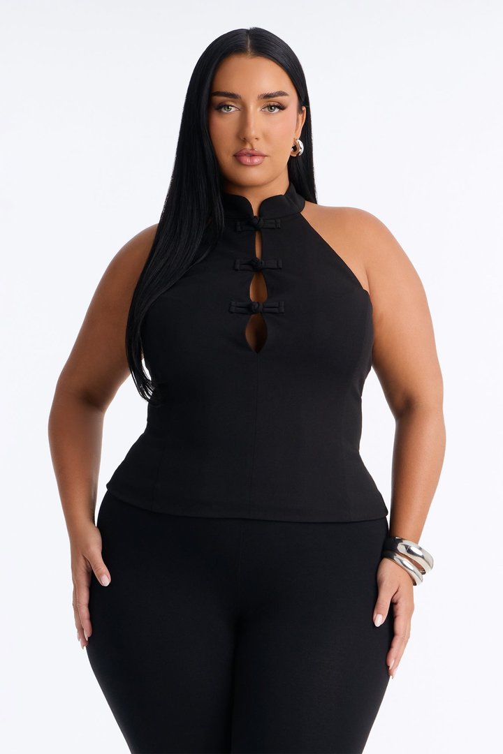 Kim Mock Neck Knot Sleeveless Top - Black