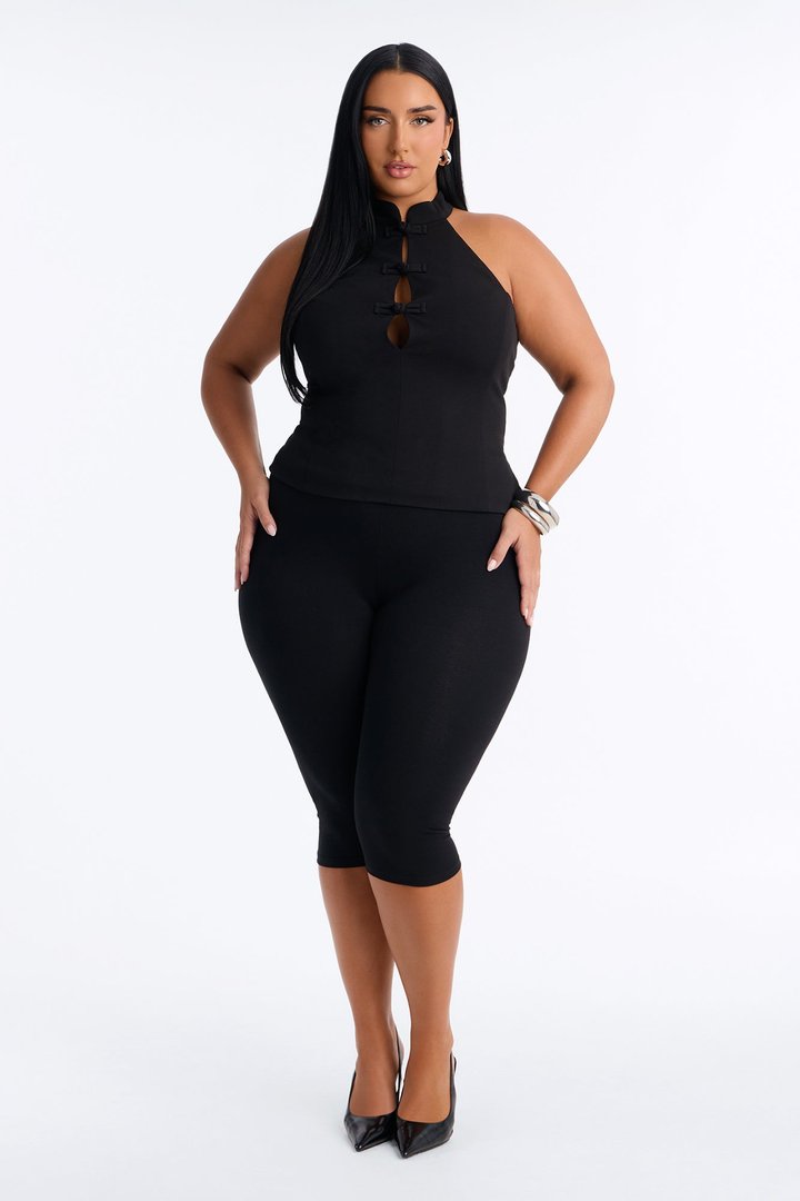 Kim Mock Neck Knot Sleeveless Top - Black
