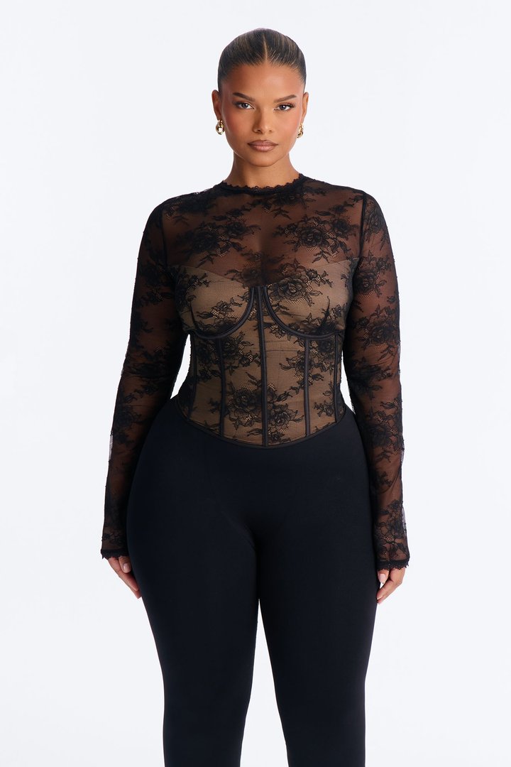 Sophie Lace Long Sleeve Corset Top - Black