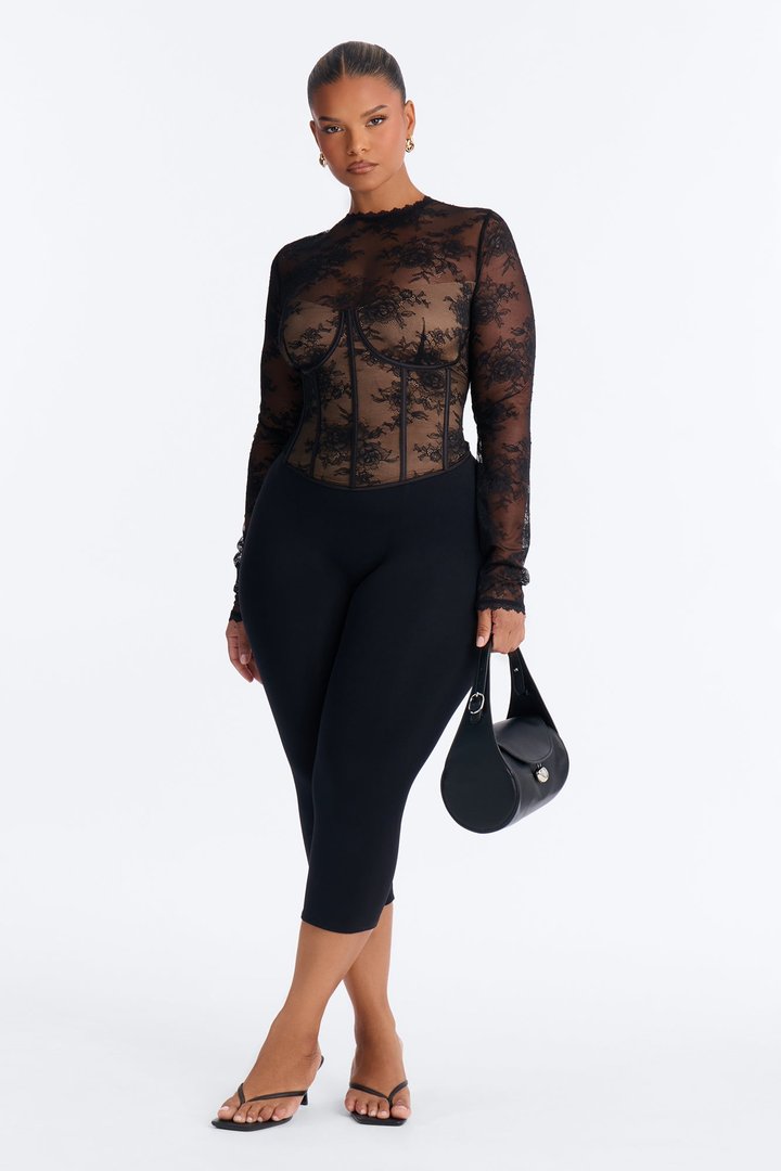 Sophie Lace Long Sleeve Corset Top - Black