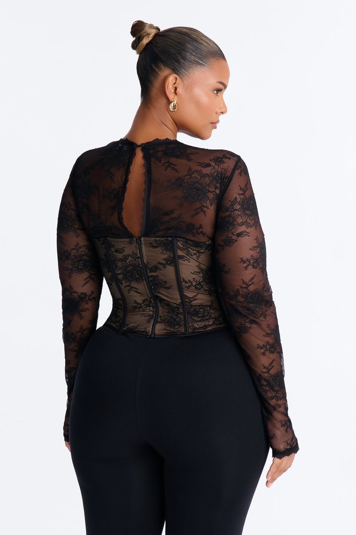 Sophie Lace Long Sleeve Corset Top - Black