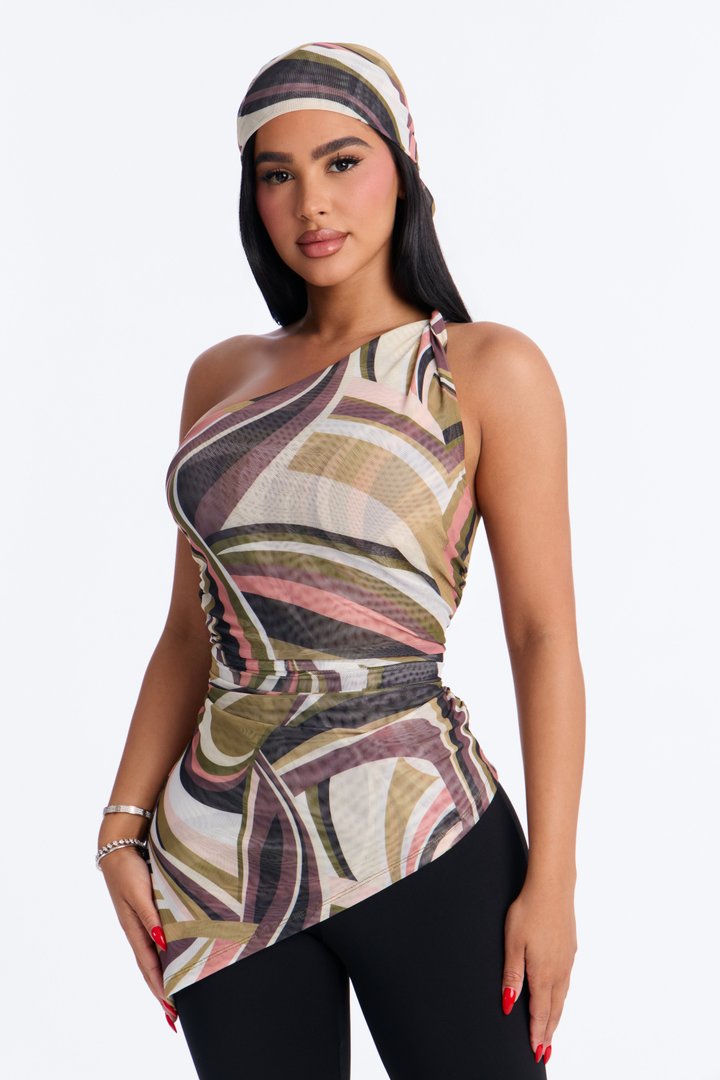 Selena Abstract Mesh Head Scarf and One Shoulder Top - Olive/combo