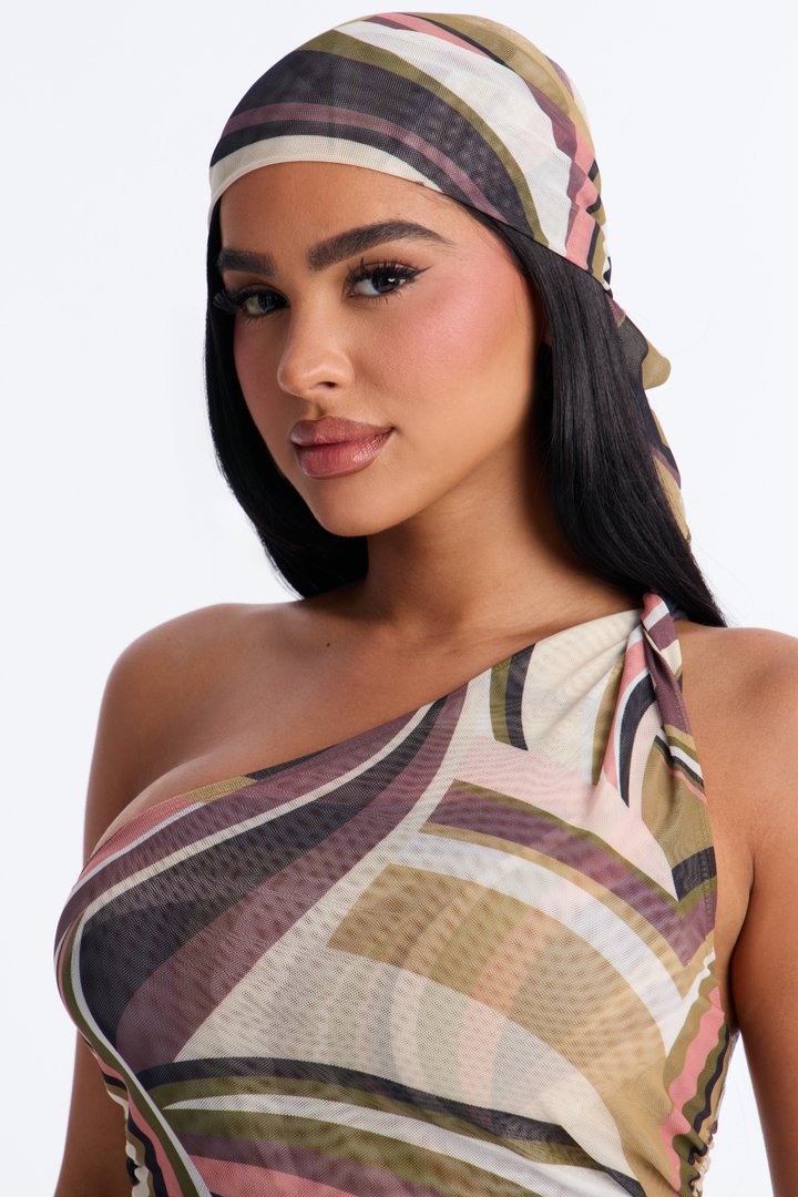 Selena Abstract Mesh Head Scarf and One Shoulder Top - Olive/combo