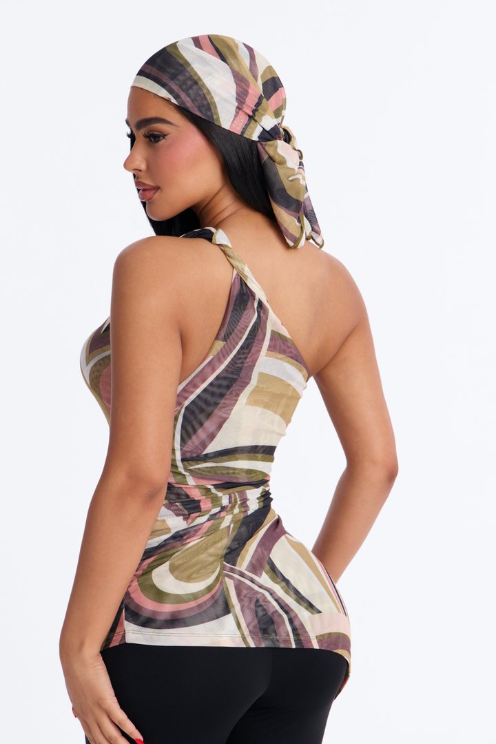 Selena Abstract Mesh Head Scarf and One Shoulder Top - Olive/combo