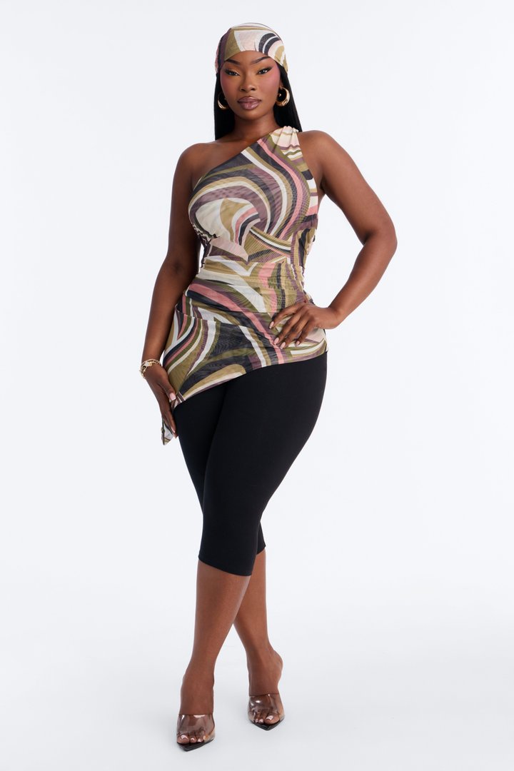 Selena Abstract Mesh Head Scarf and One Shoulder Top - Olive/combo