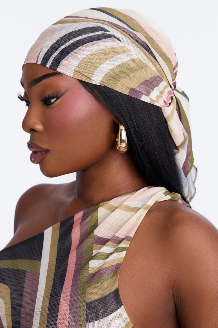 Selena Abstract Mesh Head Scarf and One Shoulder Top - Olive/combo