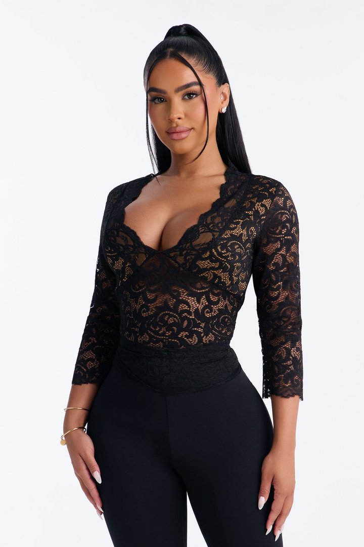 Feminine Touch Lace Mid Sleeve Top - Black