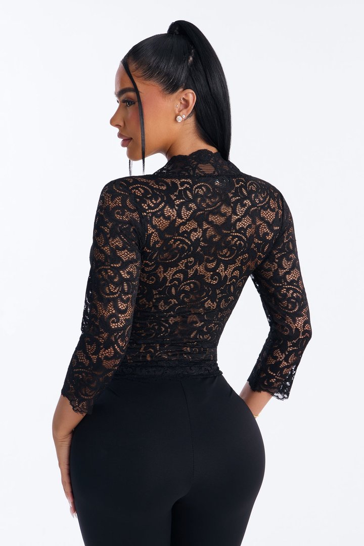 Feminine Touch Lace Mid Sleeve Top - Black
