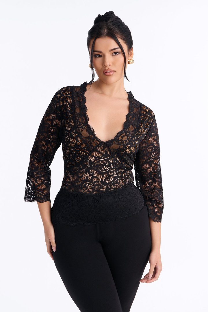 Feminine Touch Lace Mid Sleeve Top - Black