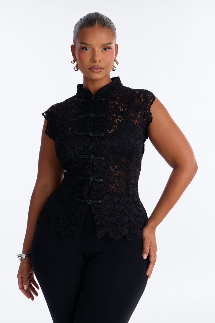Lizette Lace Mock Neck Sleeveless Top - Black
