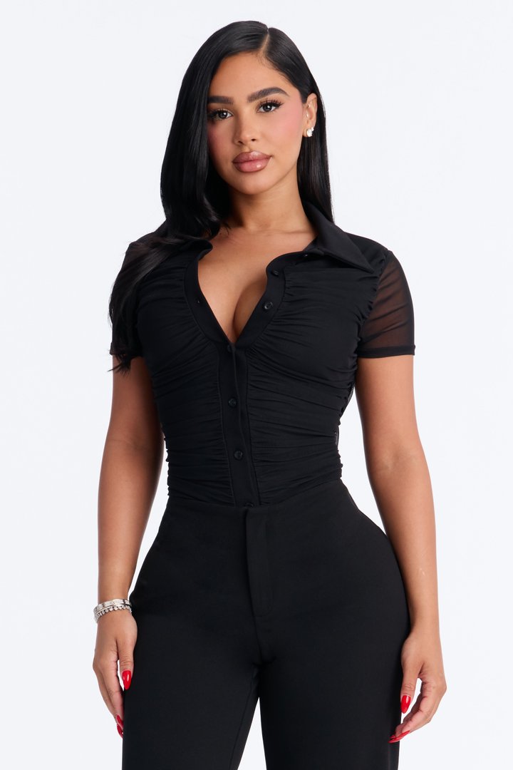 Subliminal Ruched Mesh Short Sleeve Bodysuit - Black