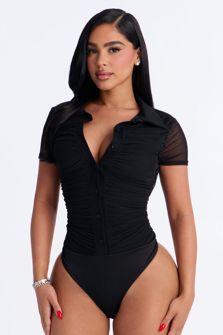 Subliminal Ruched Mesh Short Sleeve Bodysuit - Black