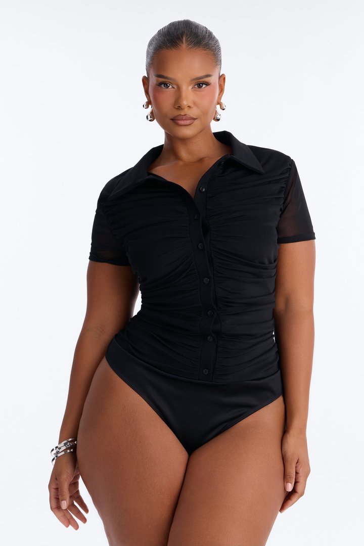 Subliminal Ruched Mesh Short Sleeve Bodysuit - Black