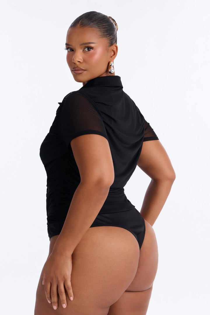 Subliminal Ruched Mesh Short Sleeve Bodysuit - Black